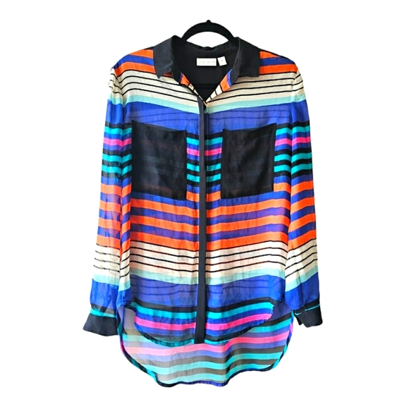 Bisou Bisou Bold Bright Colorful Striped Chiffon Sheer Button up Blouse Top - Picture 2 of 13